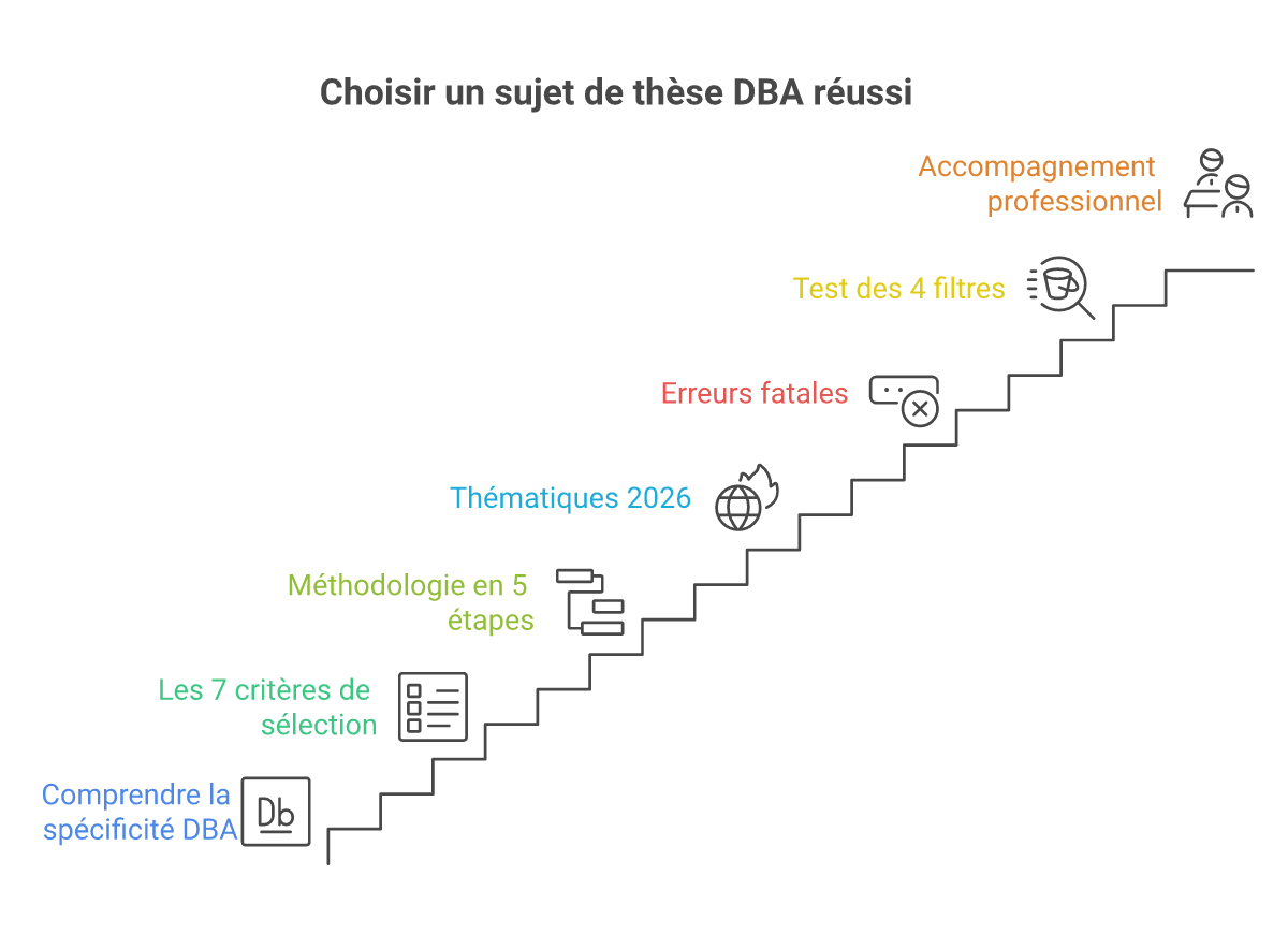 Infographie comment choisir un sujet de thèse DBA - Points clés et méthodologie