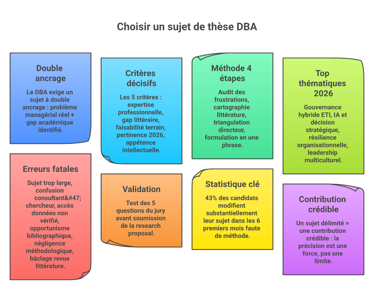 Infographie comment choisir un sujet de thèse DBA - Points clés et méthodologie