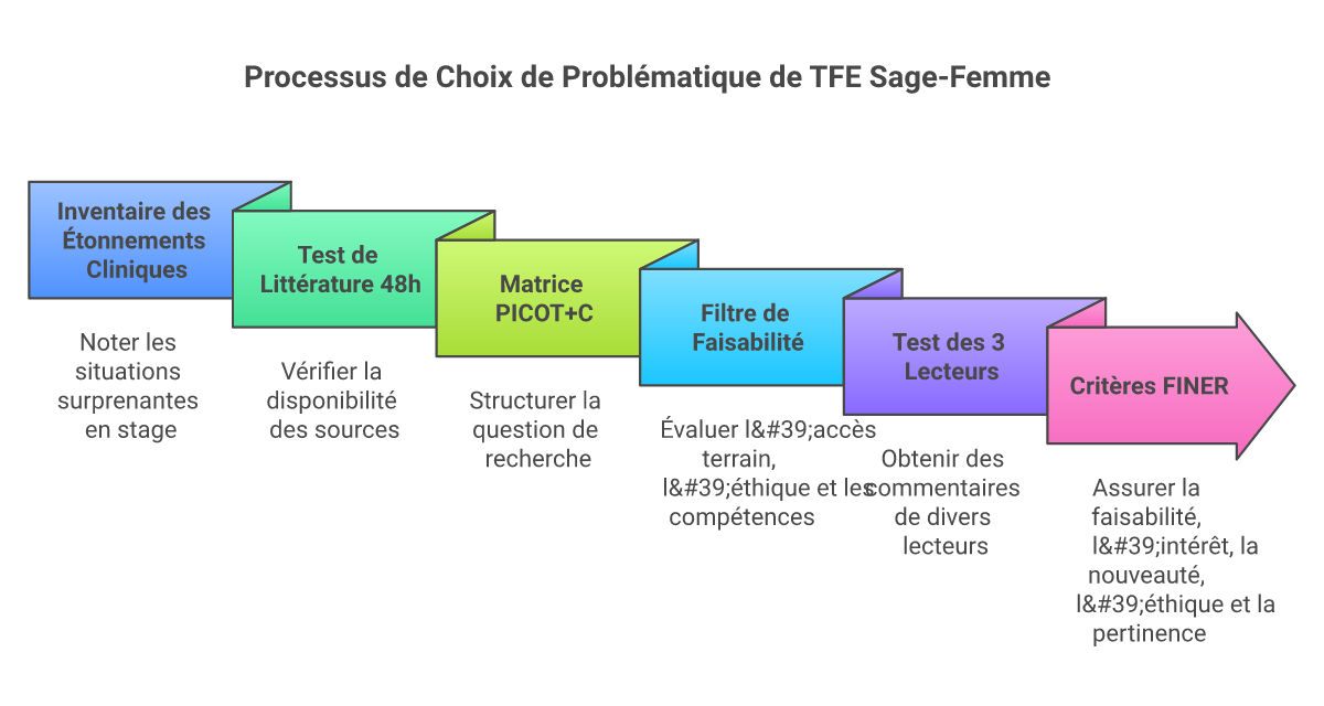 Infographie comment choisir problématique tfe sage-femme - Points clés et méthodologie
