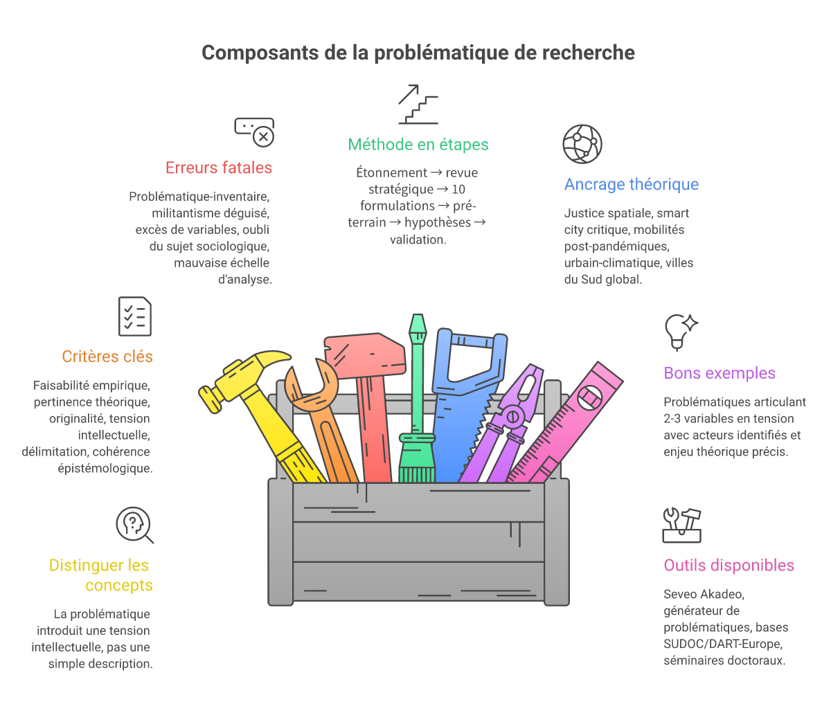 Infographie comment choisir problématique thèse sociologie urbaine - Points clés et méthodologie