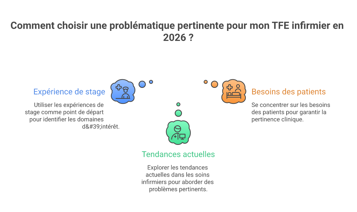 Infographie comment choisir problématique TFE infirmier - Points clés et méthodologie
