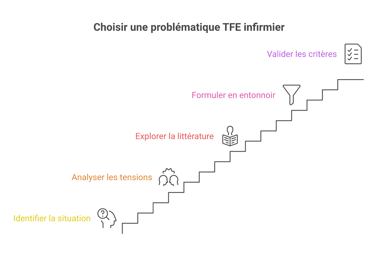 Infographie choisir problématique TFE soins infirmiers - Points clés et méthodologie