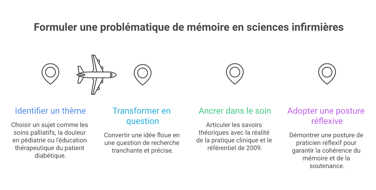 Infographie comment formuler une problématique de mémoire - Points clés et méthodologie