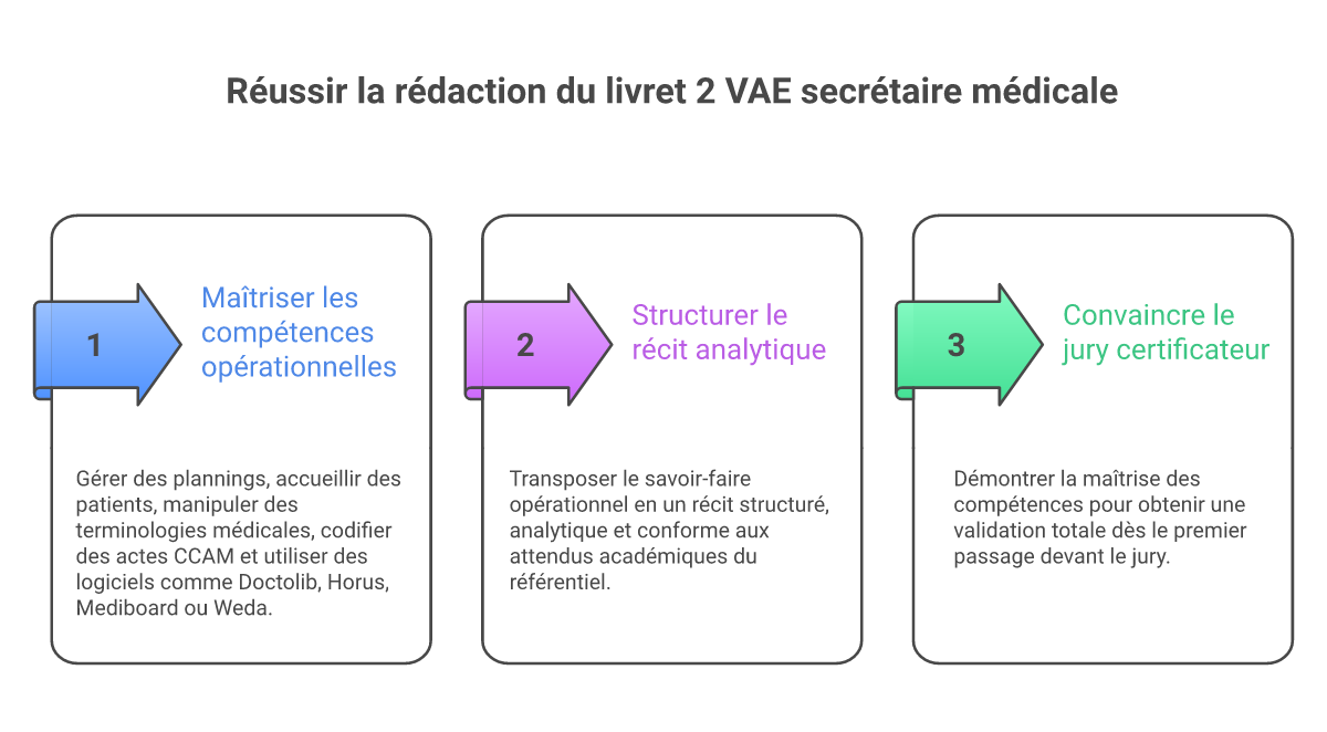 Infographie comment rédiger livret 2 vae secrétaire médicale - Points clés et méthodologie