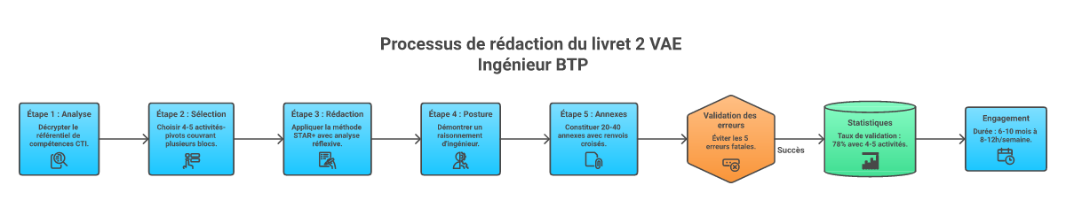 Infographie comment rédiger livret 2 vae ingénieur btp - Points clés et méthodologie
