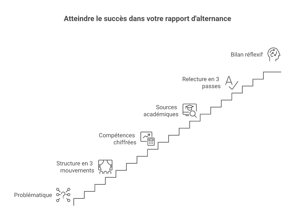 Infographie comment rédiger un rapport d'alternance - Points clés et méthodologie