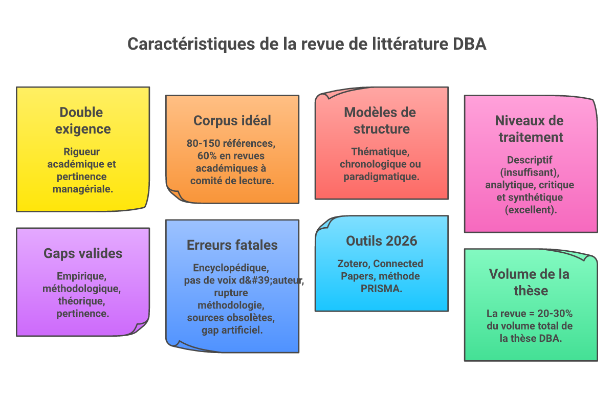 Infographie comment structurer revue de littérature thèse DBA - Points clés et méthodologie