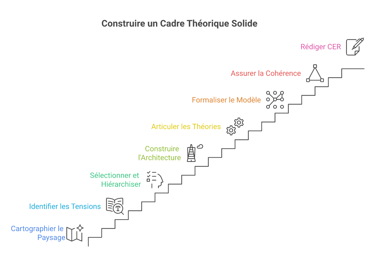 Infographie comment structurer le cadre théorique d'une thèse - Points clés et méthodologie