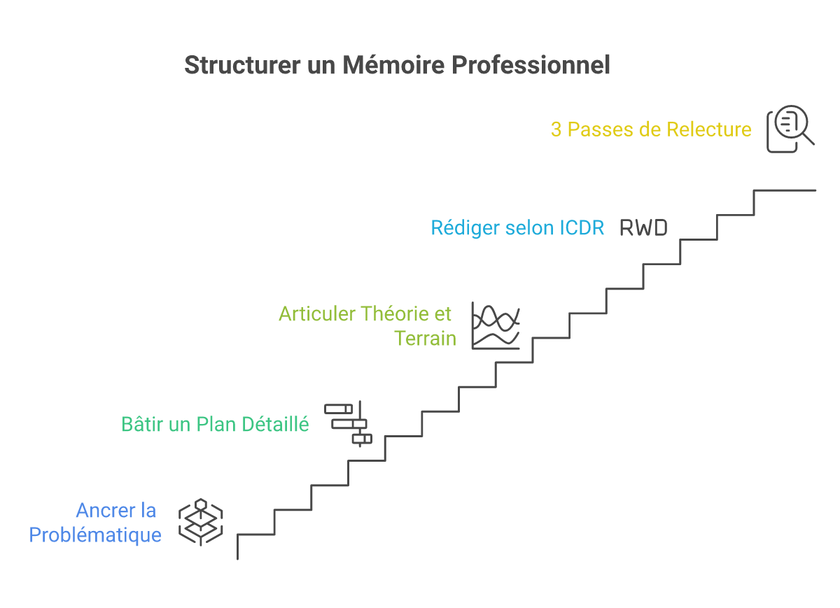 Infographie comment structurer un mémoire professionnel - Points clés et méthodologie