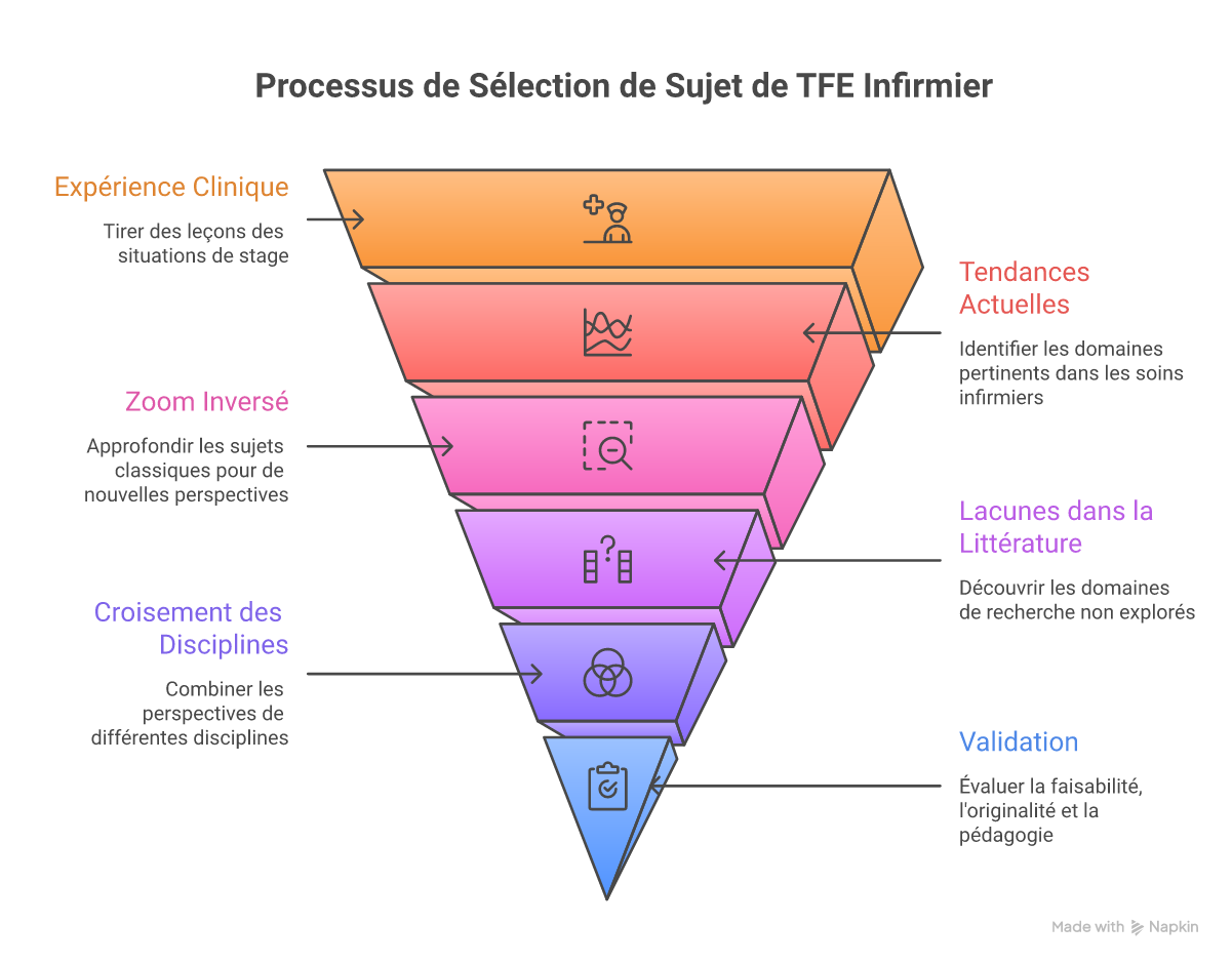 Infographie comment trouver un sujet de TFE infirmier original - Points clés et méthodologie